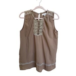 Umgee USA Taupe Brown Floral Lace Crochet Sleeveless Blouse Top Size Large